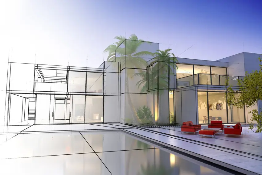 Architect working on residential home design blueprints with modern tools.