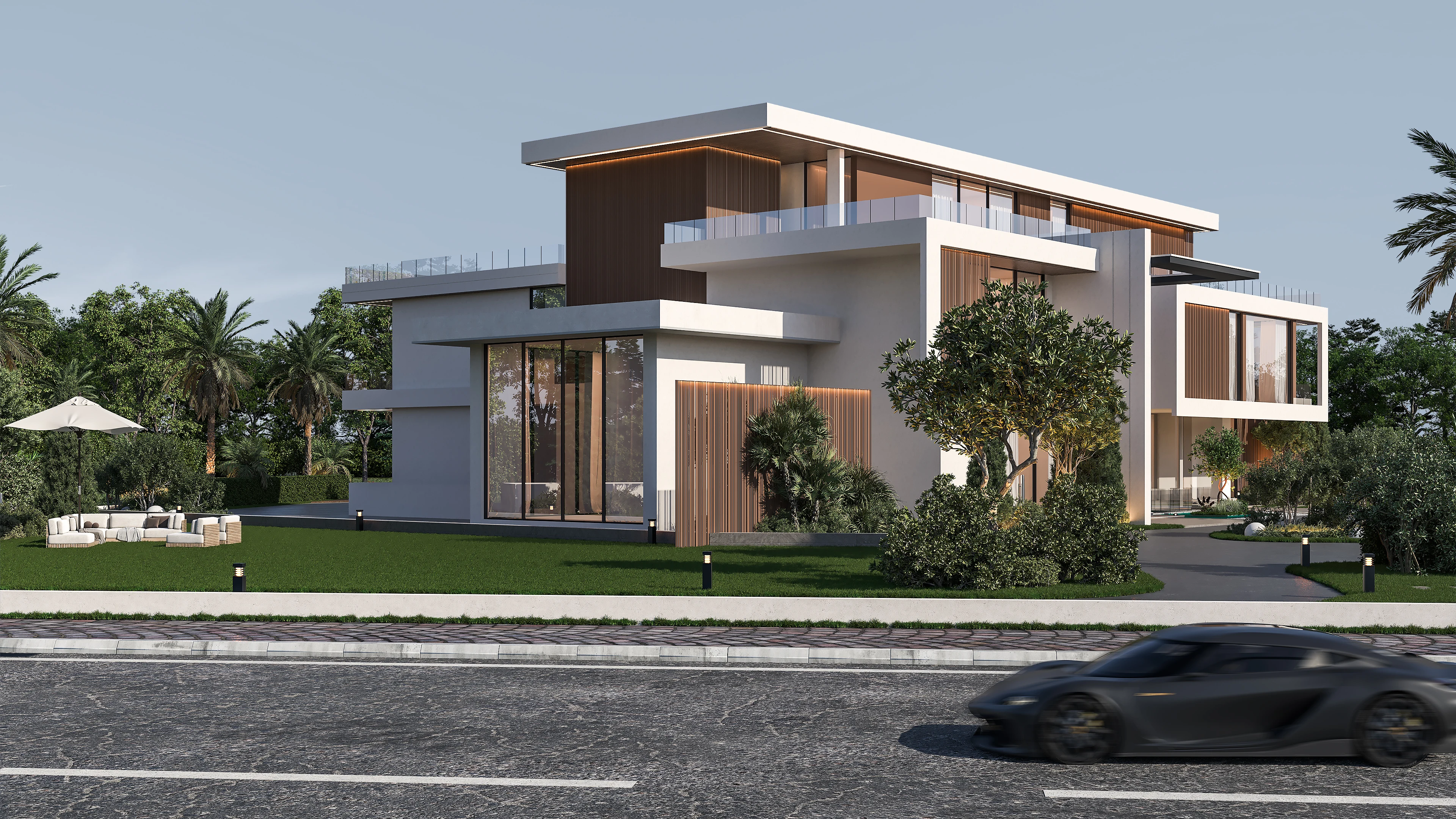 Luxury modern villa exterior with contemporary architecture and landscaped surroundings in 2025.