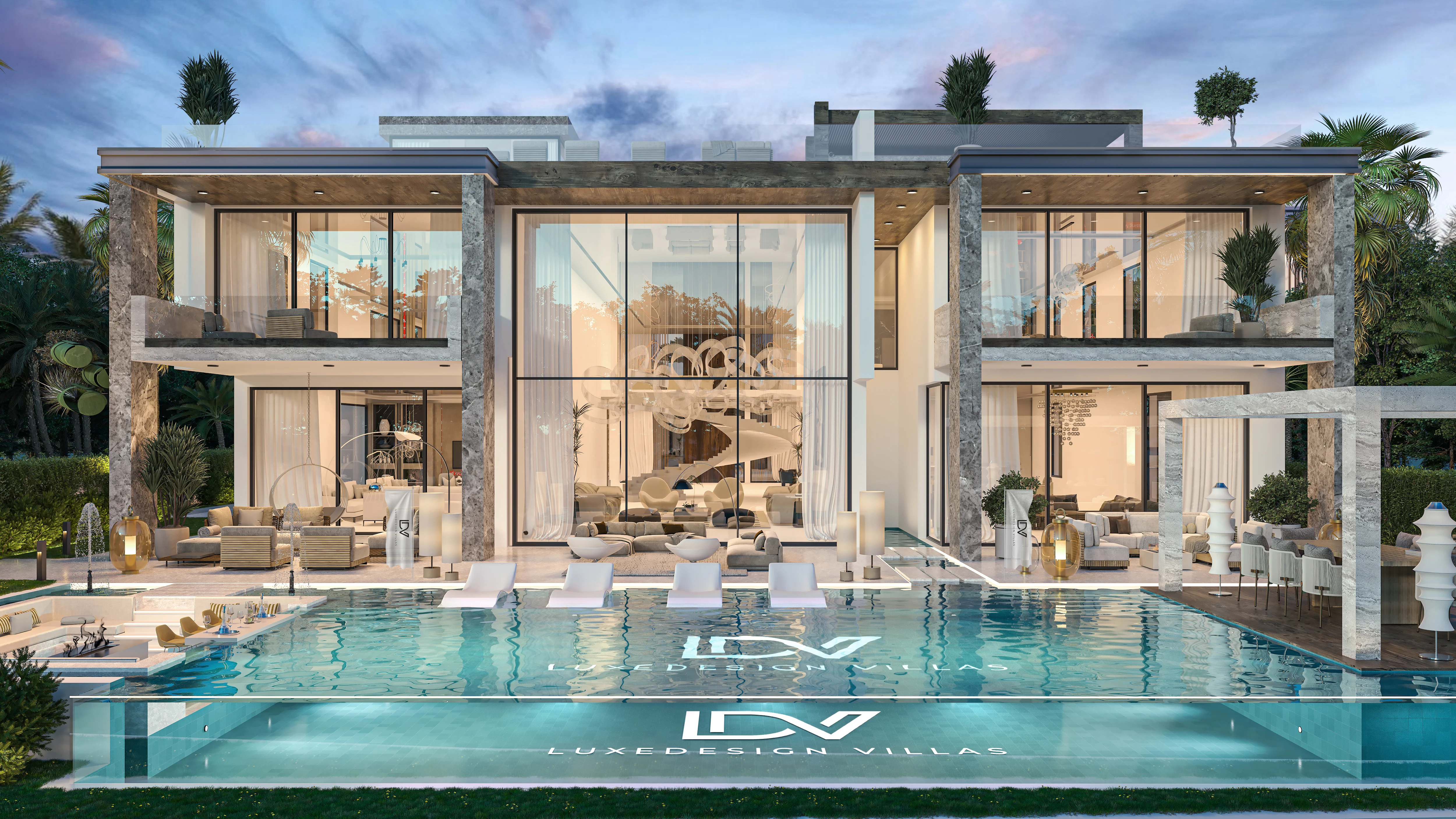 Modern villa patio design in Dubai with lounge and greenery
