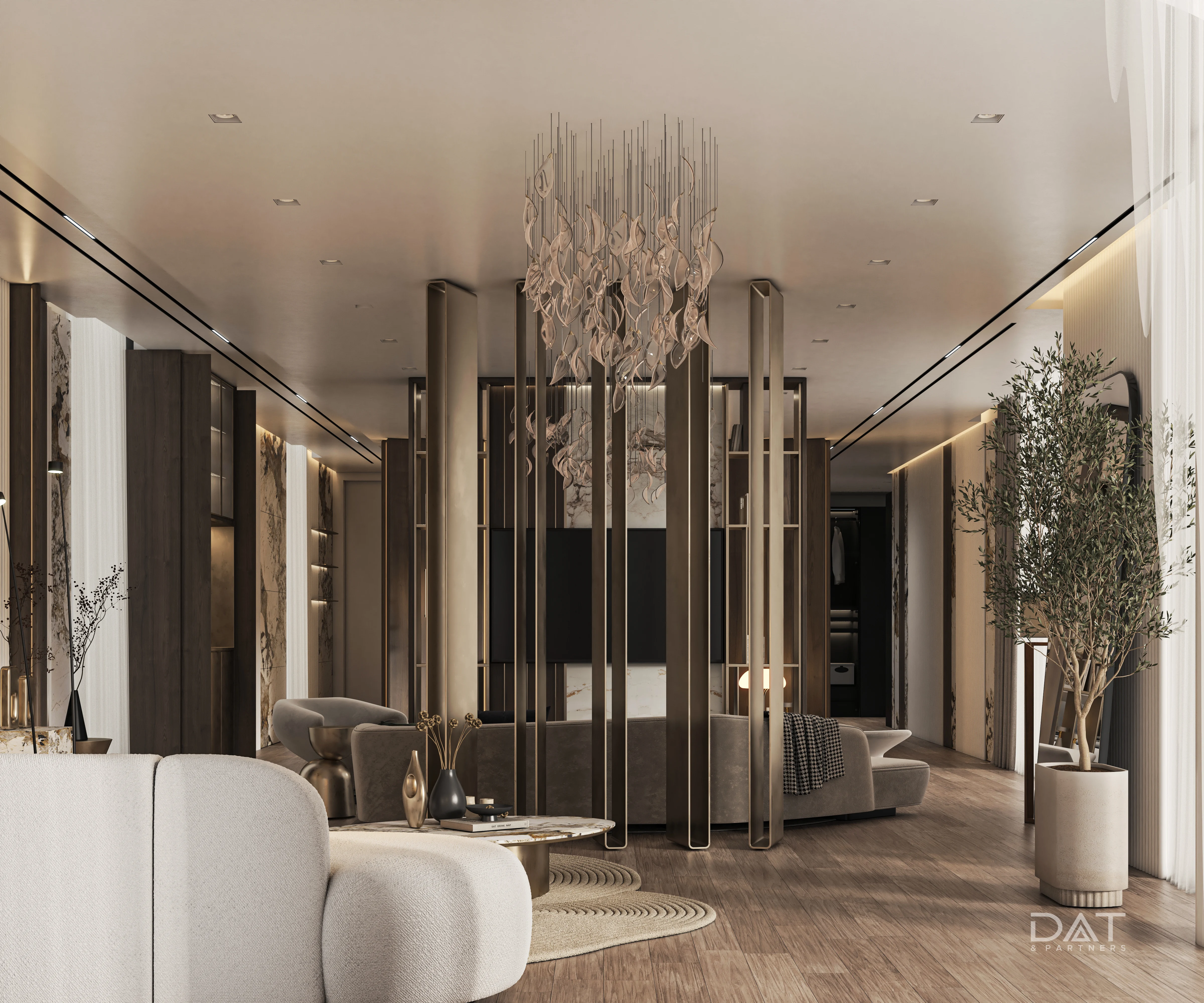 Interior designers arranging modern furniture and decor to create stylish interiors.