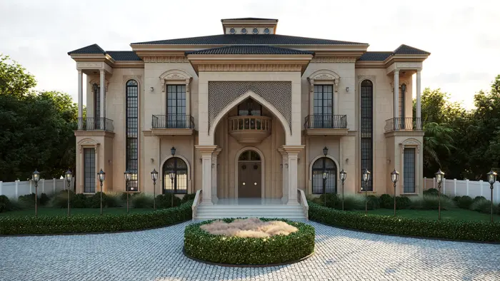 Architects working on traditional yet luxurious classic villa blueprints and 3D models.