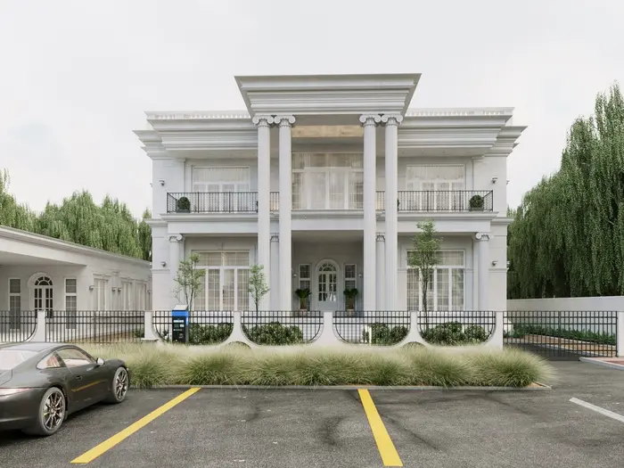 Architects working on traditional yet luxurious classic villa blueprints and 3D models.