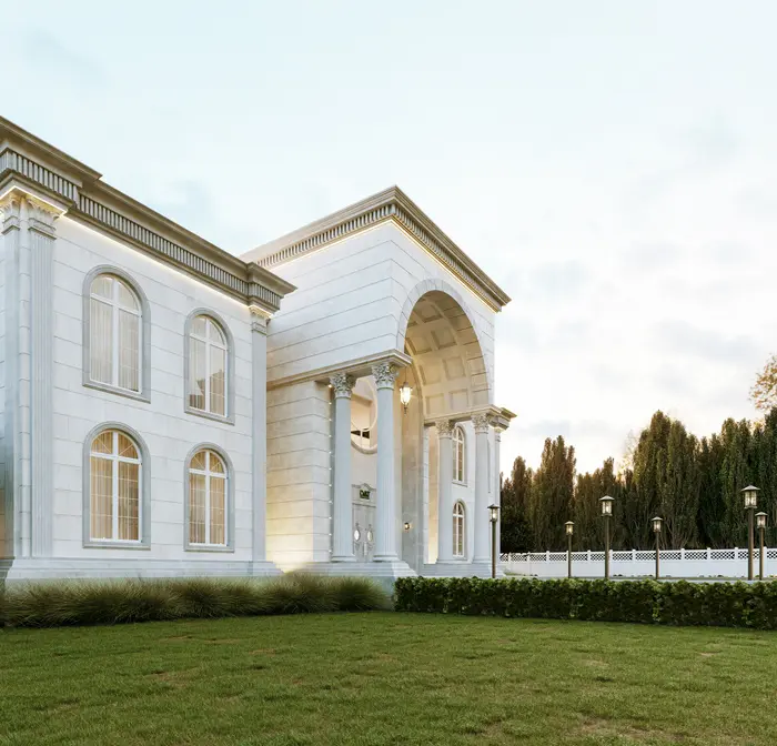 Architects working on traditional yet luxurious classic villa blueprints and 3D models.