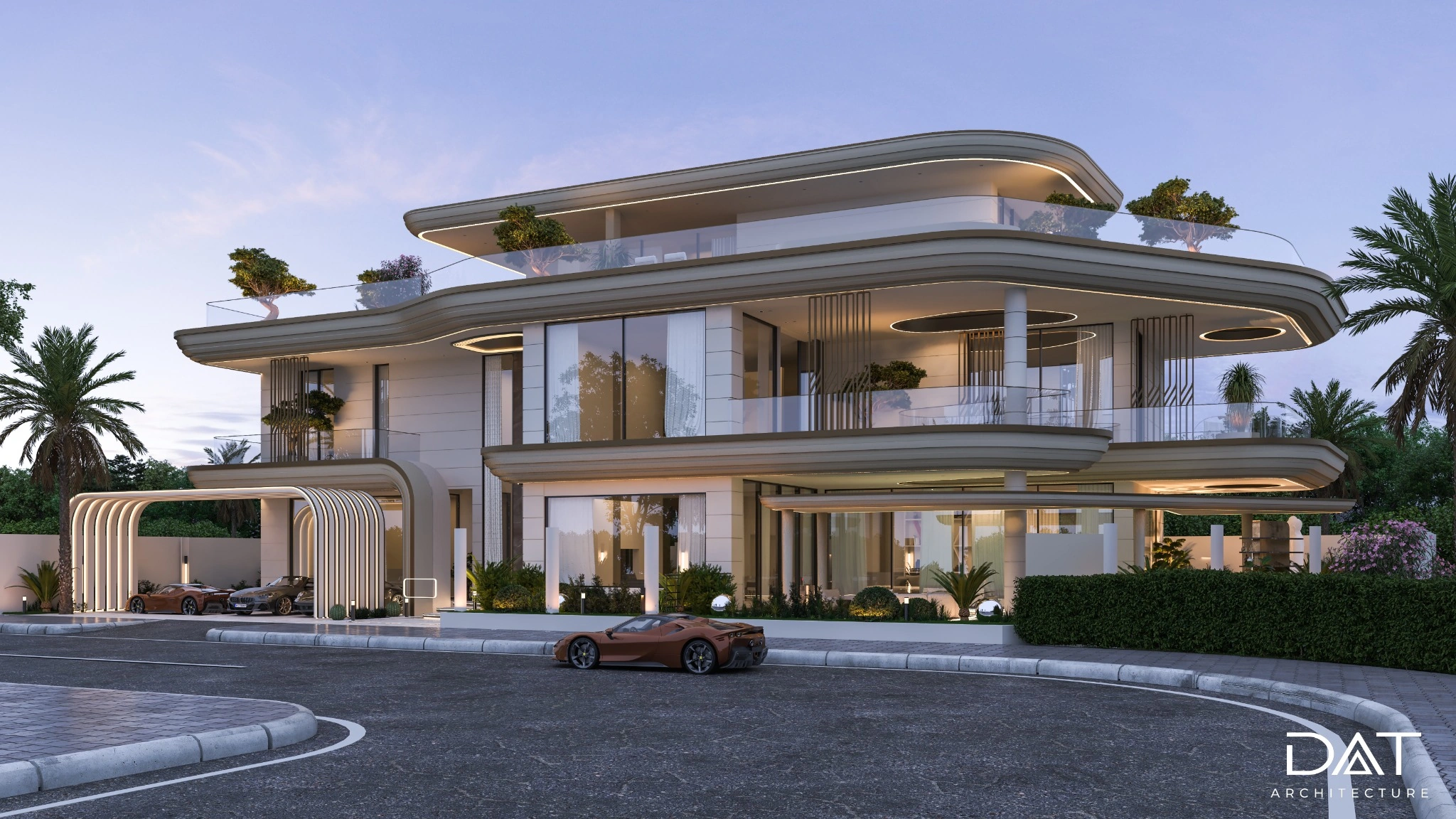 Modern villa facade at night with architectural