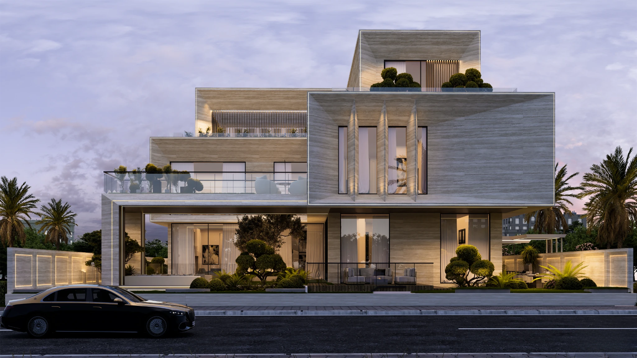 SAG Luxury modern villa exterior with contemporary architecture and landscaped garden in Dubai