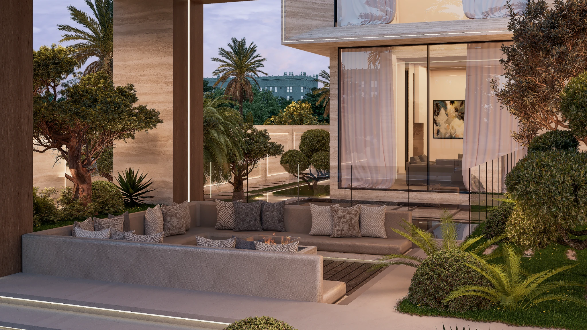 SAG Contemporary luxury villa in Dubai featuring natural stone facade and architectural lighting