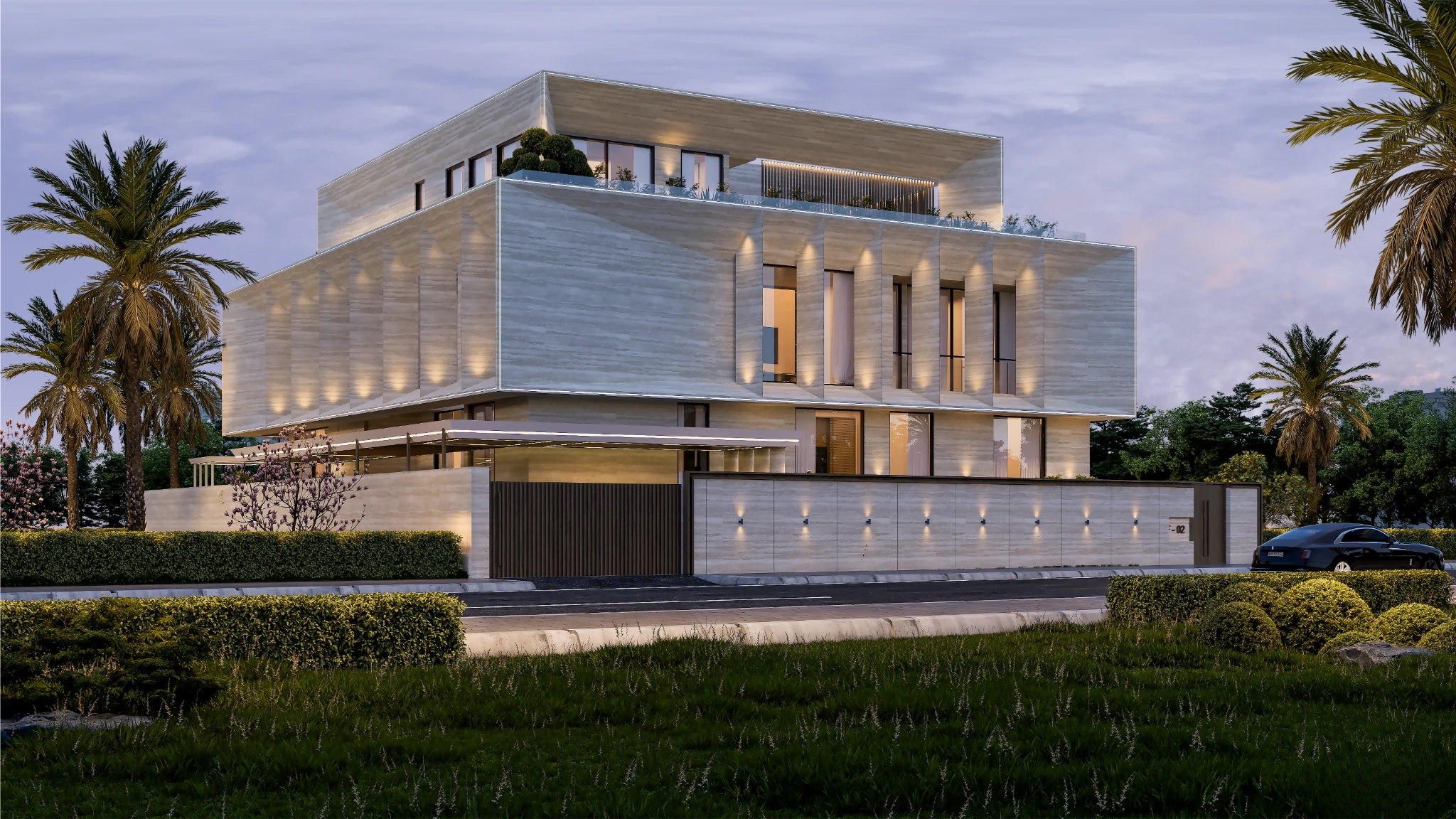SAG Modern Dubai villa exterior with floor-to-ceiling windows and landscaped surroundings