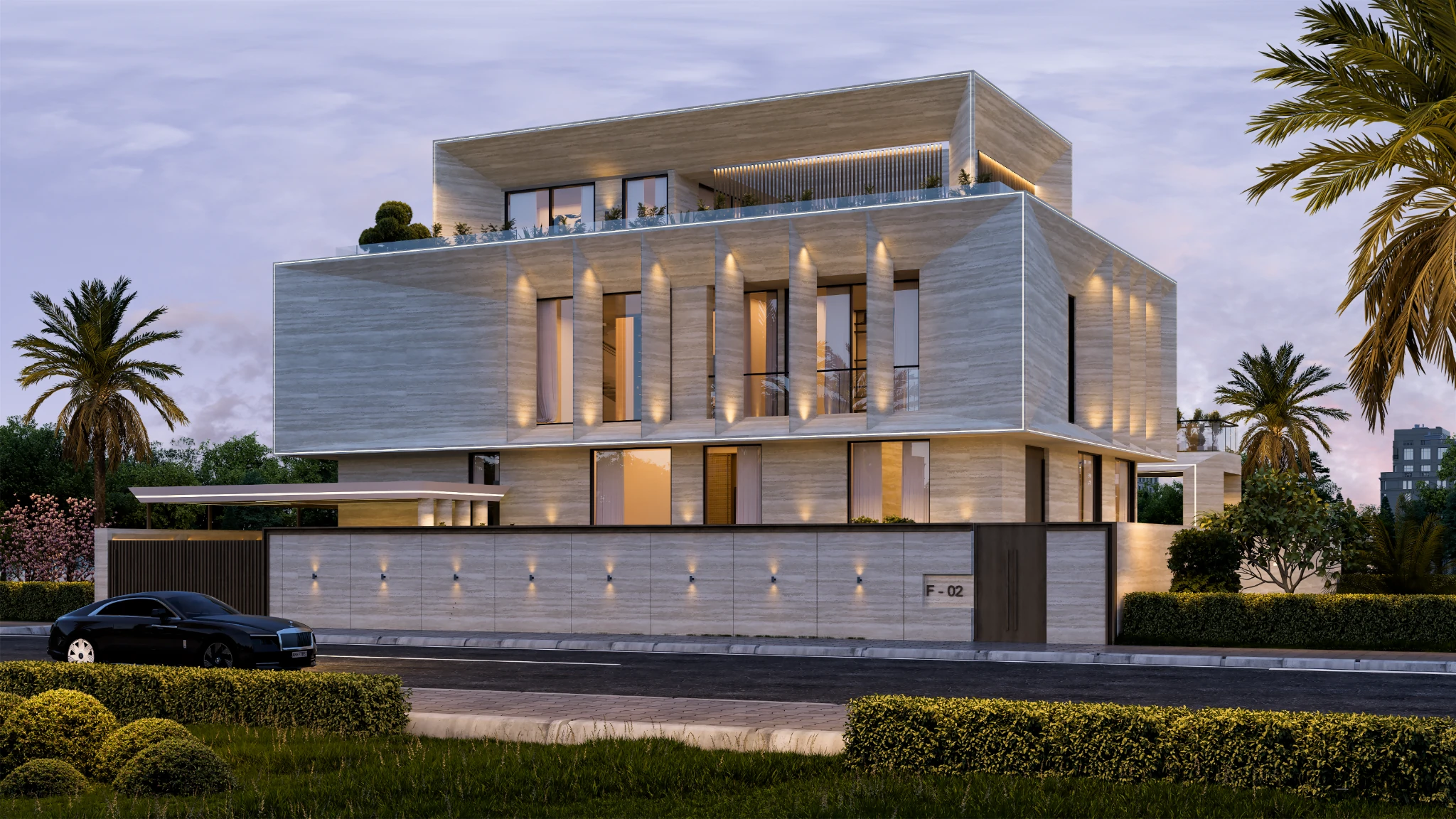 SAG Luxury villa landscape design with illuminated water feature and palm trees in Dubai