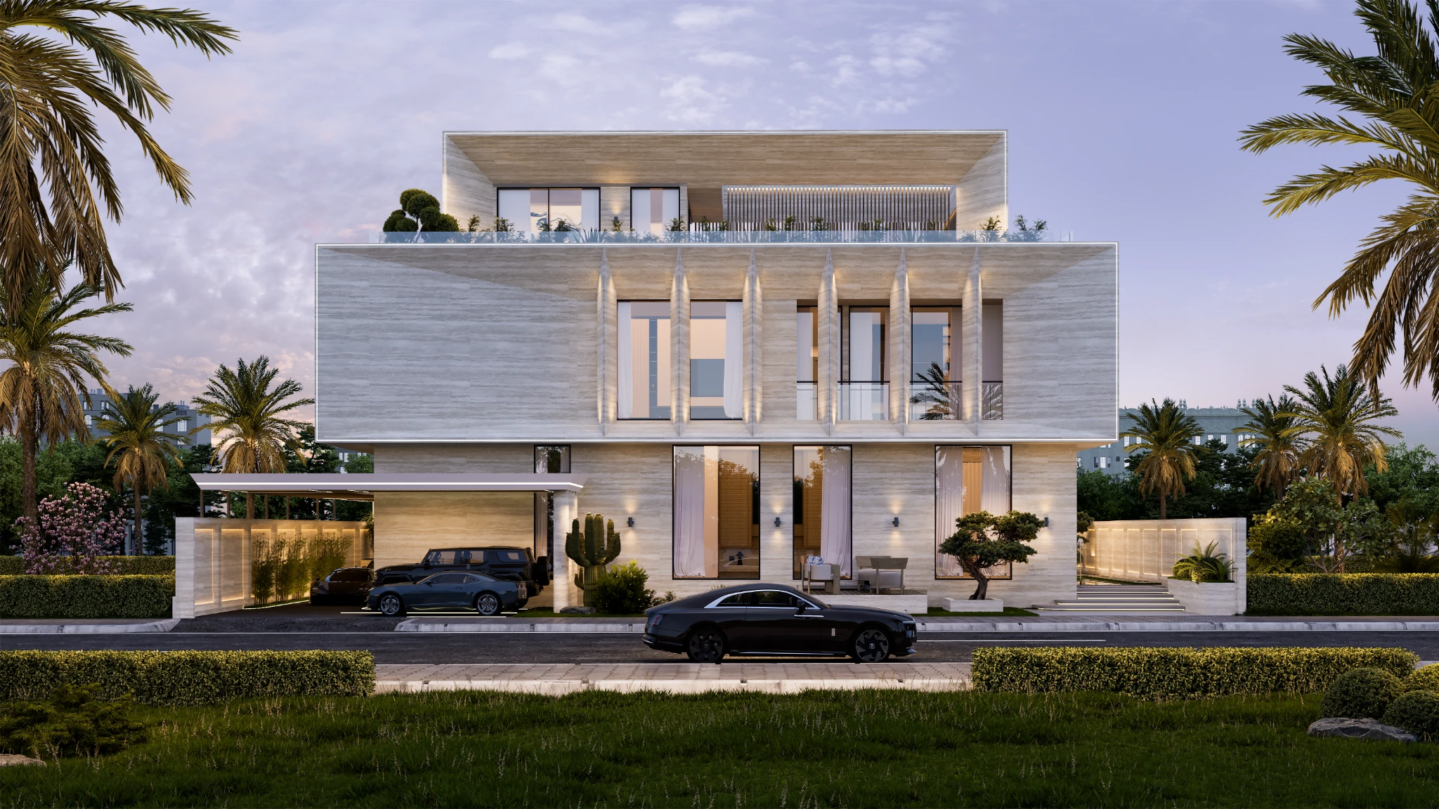 SAG High-end villa outdoor lounge surrounded by lush landscaping and contemporary architecture